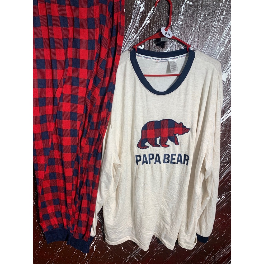 Dearfoams Mens Papa Bear Pajama Set 3X Cream Red Buffalo Plaid Joggers 2 Piece